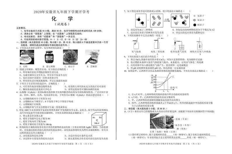 安徽省2020届九年级下学期开学考试化学试题第1页