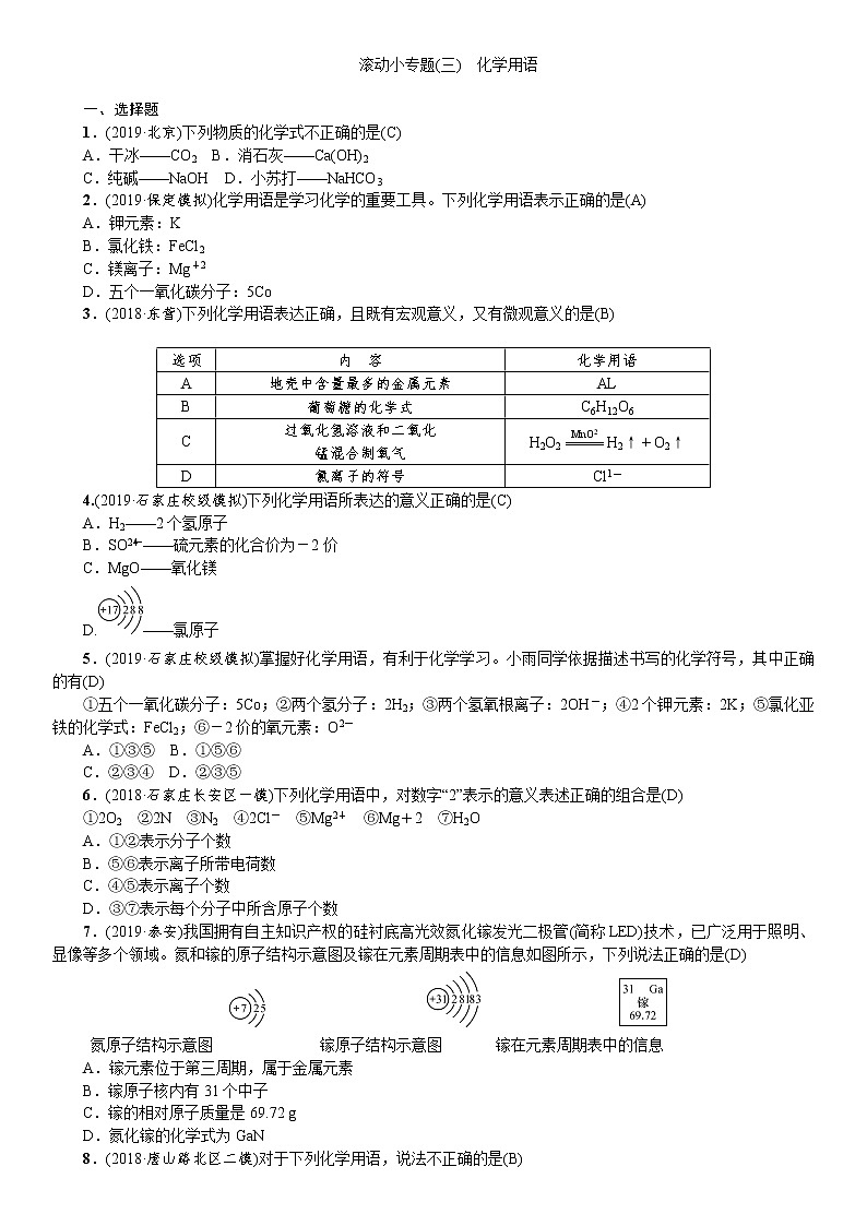 中考化学小专题复习  滚动小专题(三) 化学用语修改（含解析）第1页