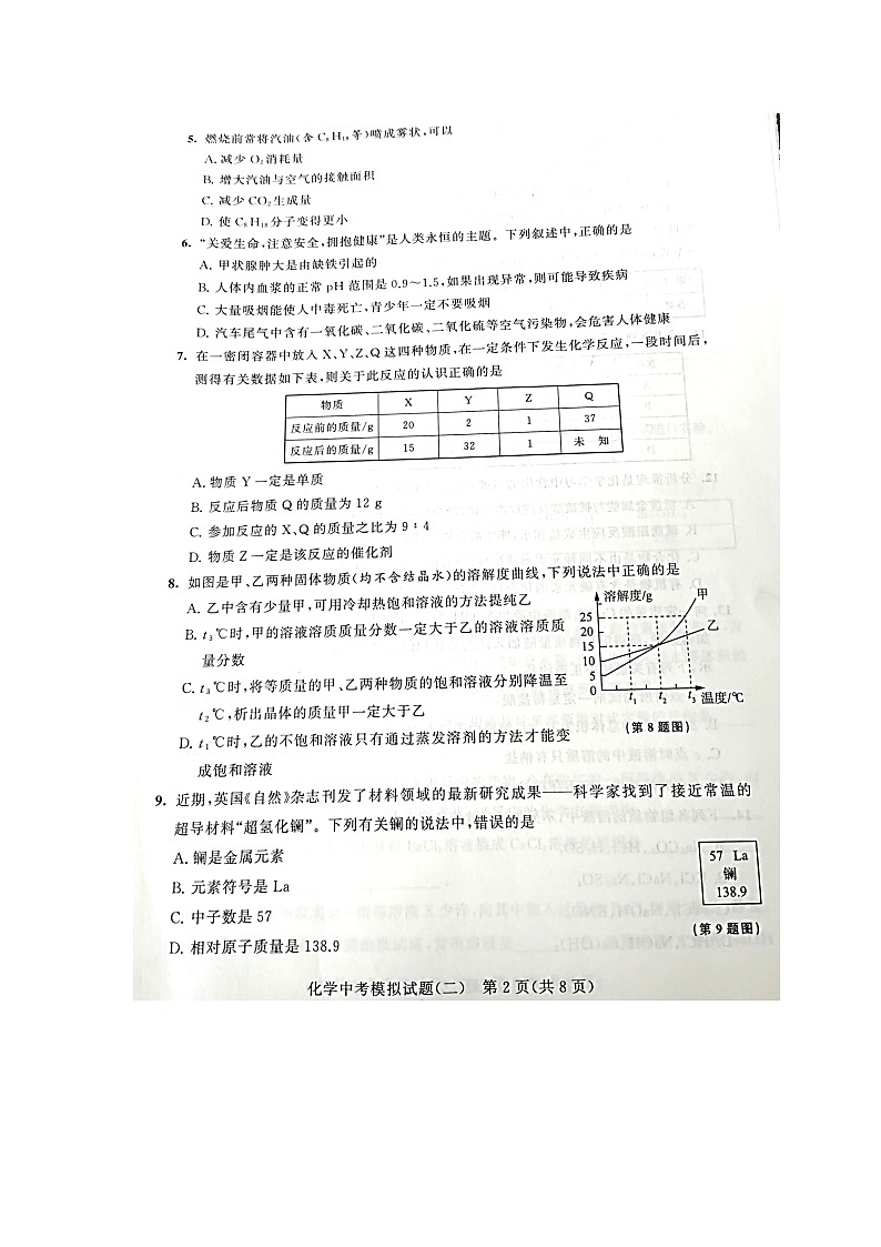 泰州市2021年初中毕业升学统一考试中考化学模拟试题（二）（扫描版无答案）02