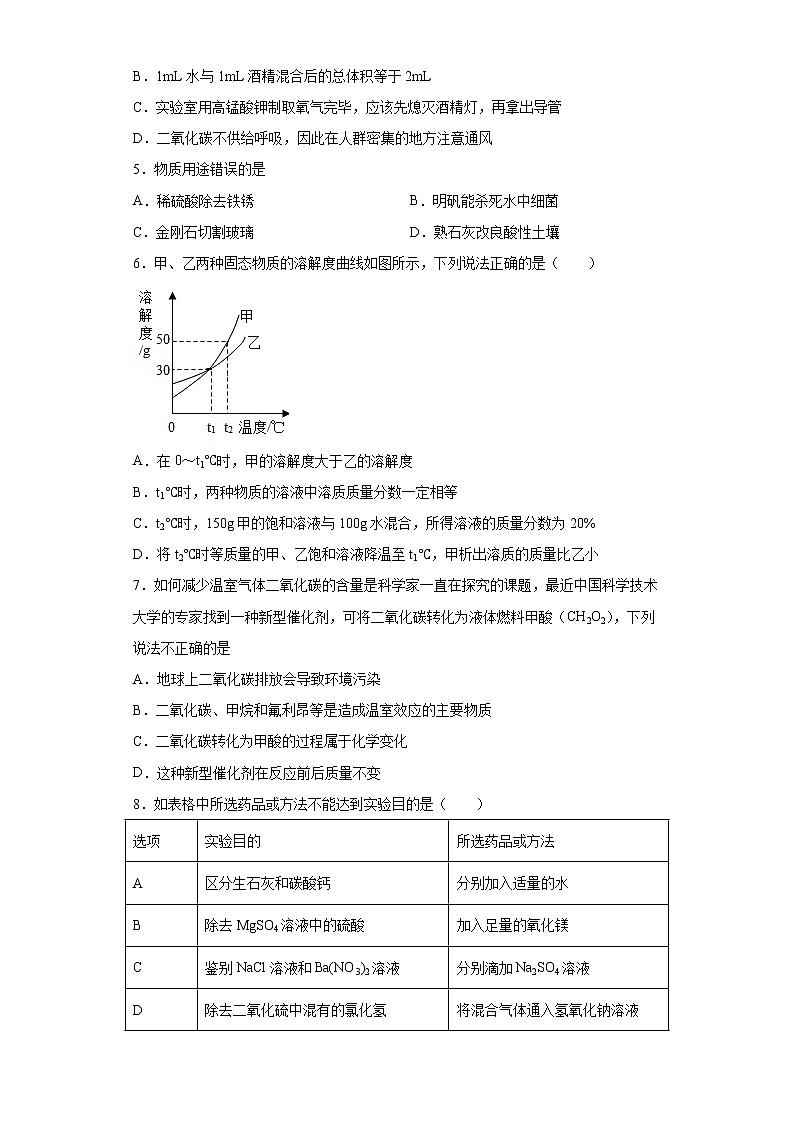 2021年江苏省南通市如东县中考模拟化学试题（word版 含答案）02
