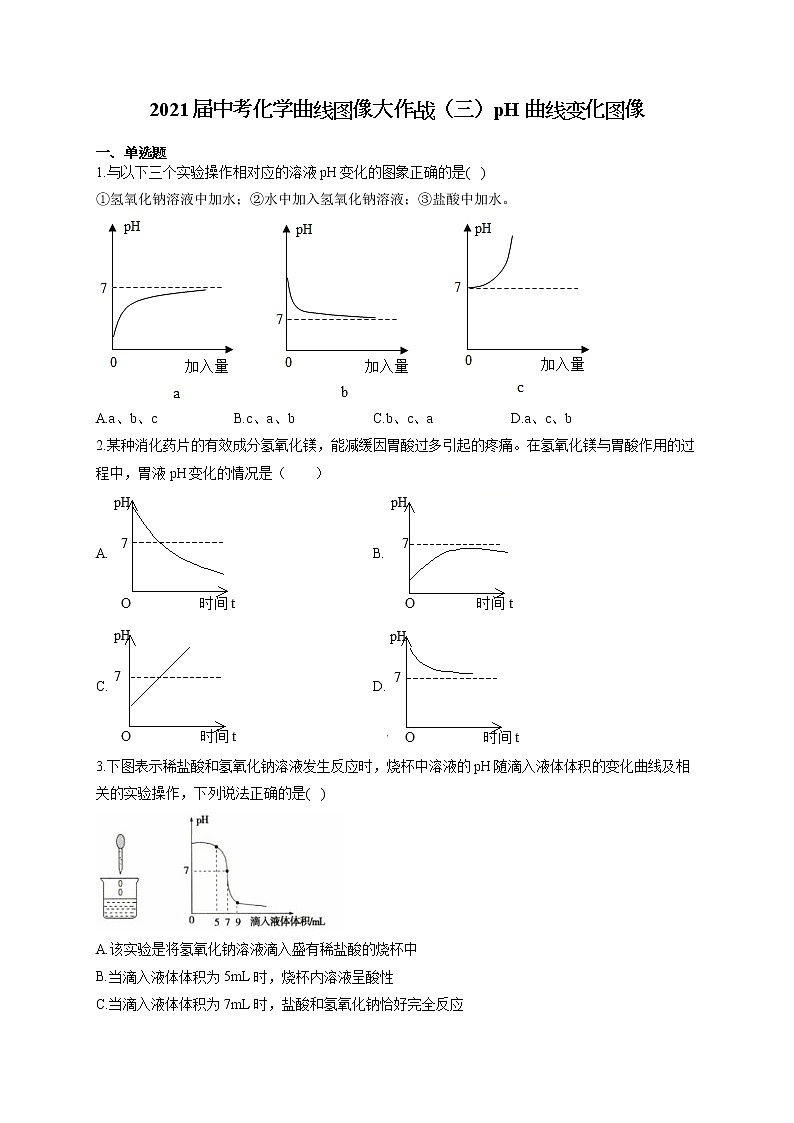 2021届中考化学曲线图像大作战（三）pH曲线变化图像第1页
