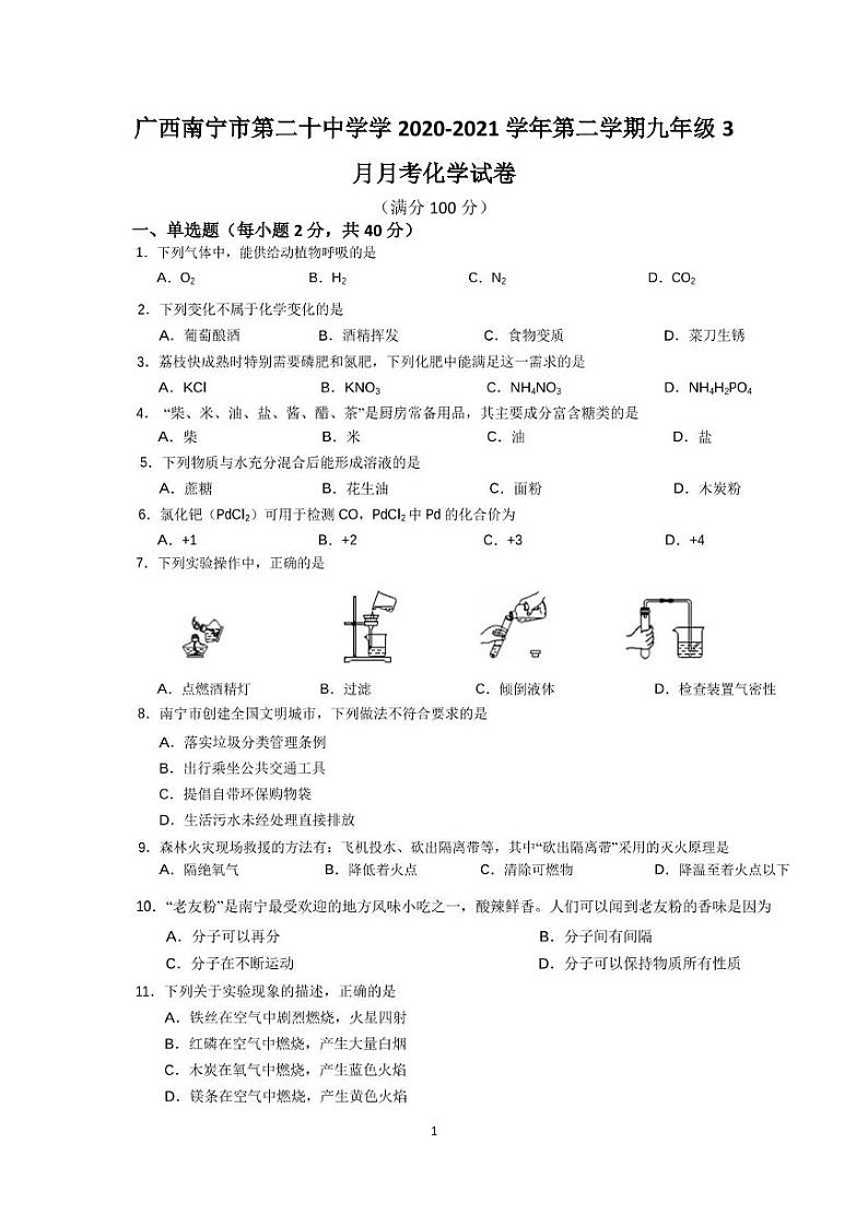 广西南宁市第二十中学学2020-2021学年第二学期九年级3月月考化学试卷第1页