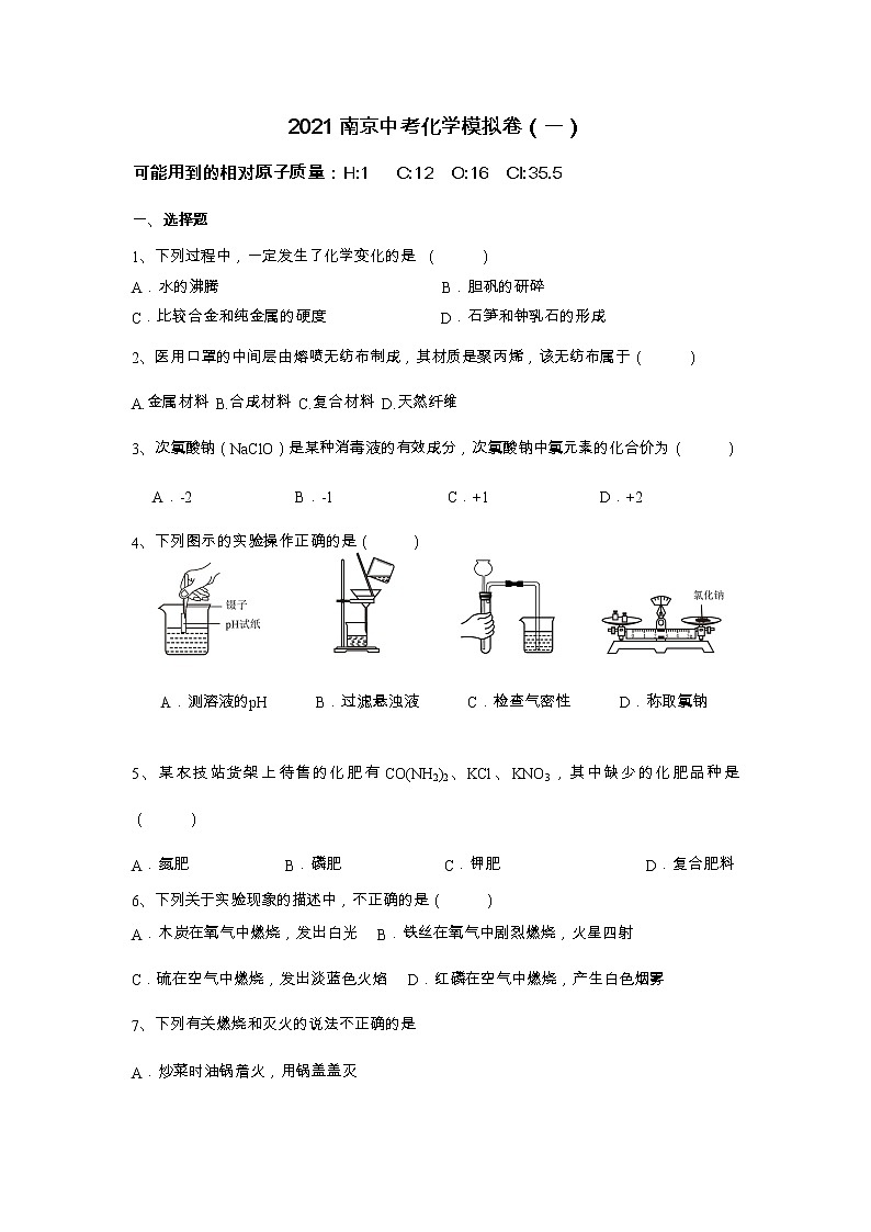 江苏省南京2021年中考化学模拟卷（一）第1页