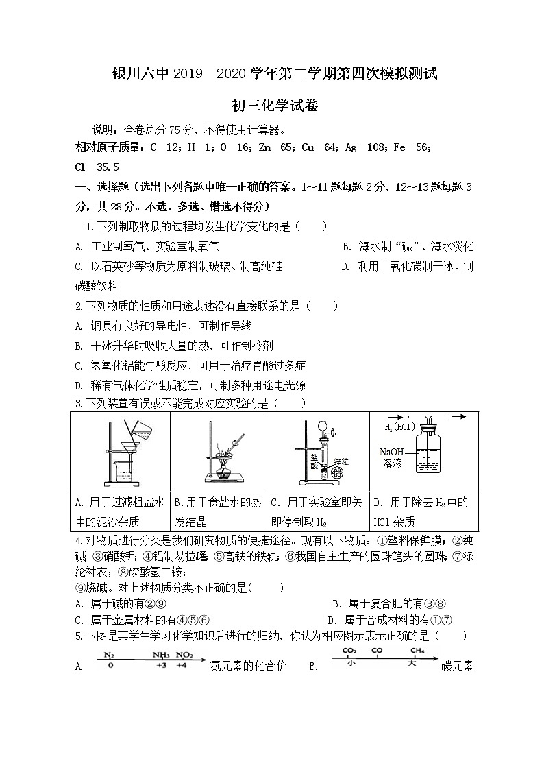 银川六中2019-2020学年第二学期第四次模拟初三化学 试卷01