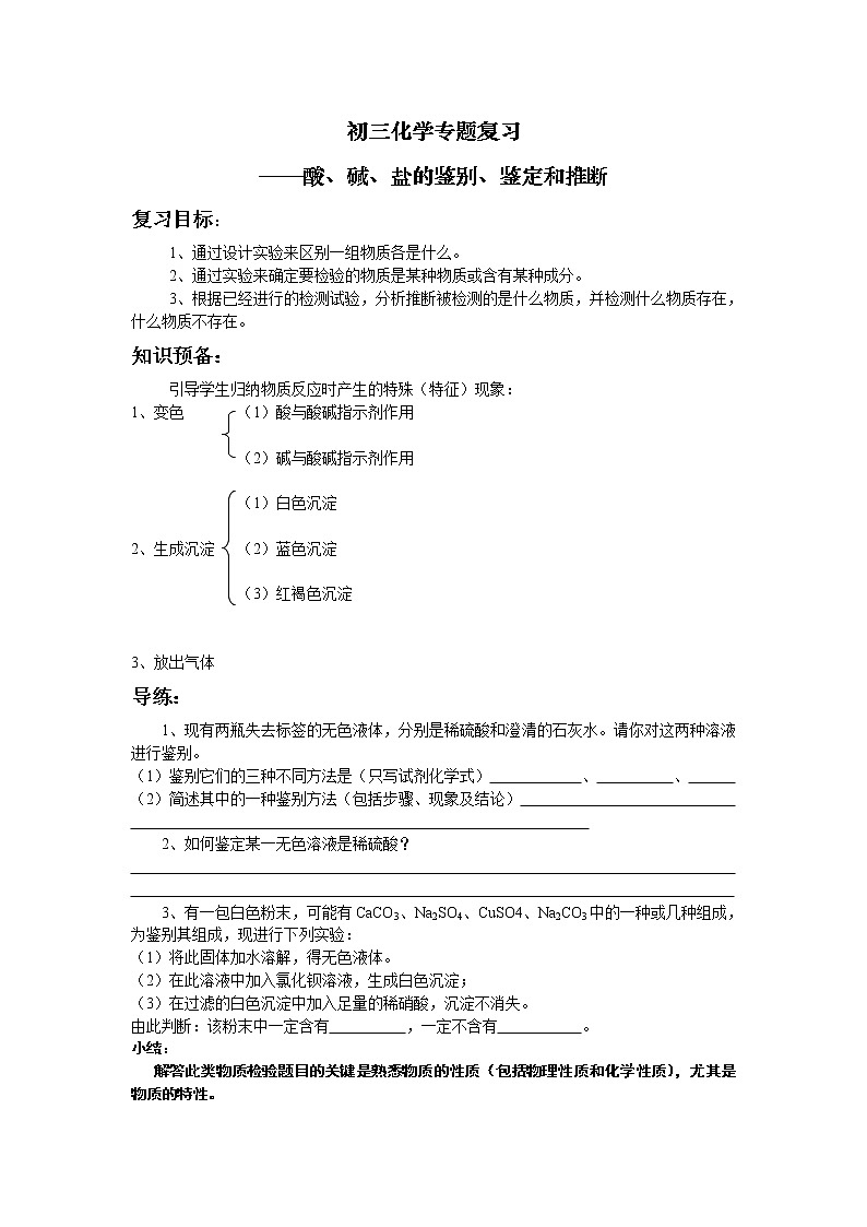 鲁教版九年级化学专题复习—酸、碱、盐的鉴别、鉴定和推断 导学案（无答案）01