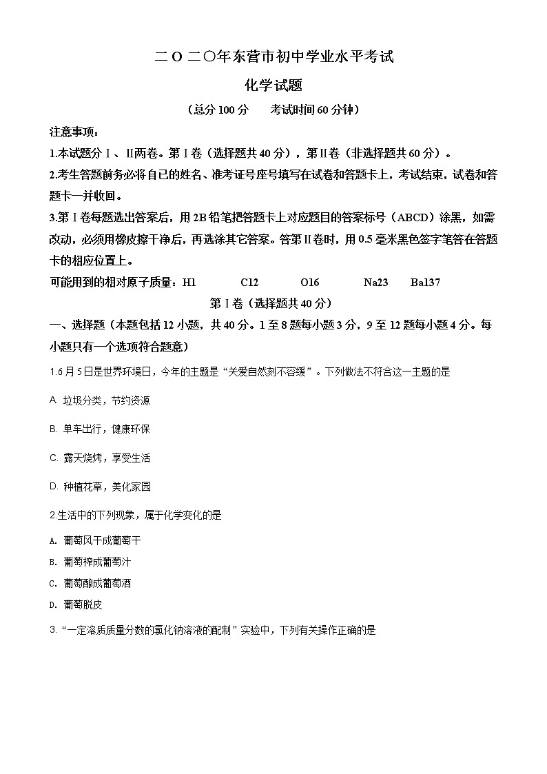 山东省东营市2020年中考化学试题（原卷版+解析版）01