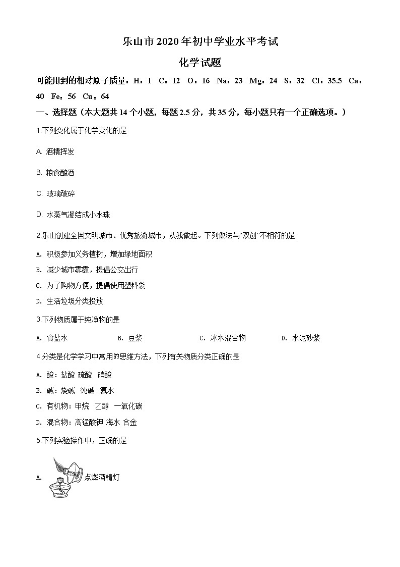 四川省乐山市2020年中考化学试题（原卷版+解析版）01