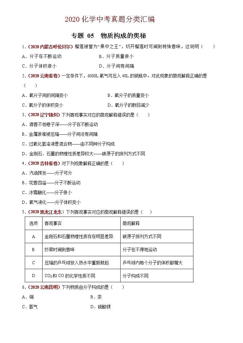 2020年中考化学真题分项汇编--专题05  物质构成的奥秘（全国通用）01