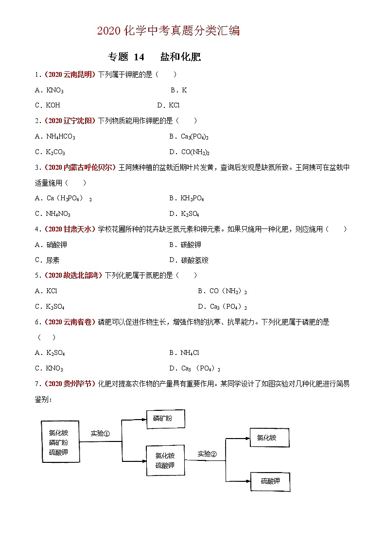 2020年中考化学真题分项汇编--专题14  盐和化肥（全国通用）01