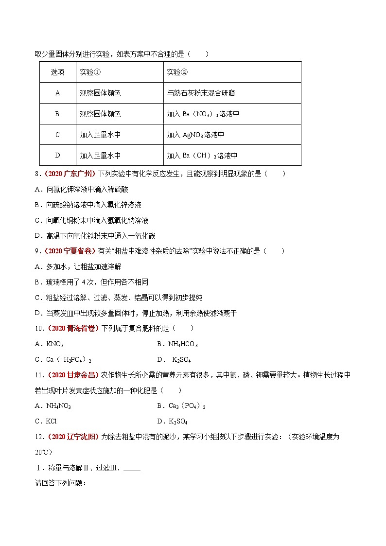 2020年中考化学真题分项汇编--专题14  盐和化肥（全国通用）02