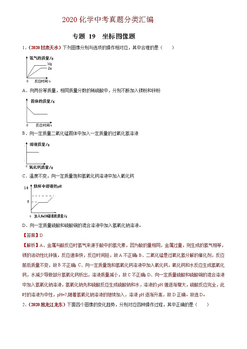 2020年中考化学真题分项汇编--专题19  坐标图像题（全国通用）01