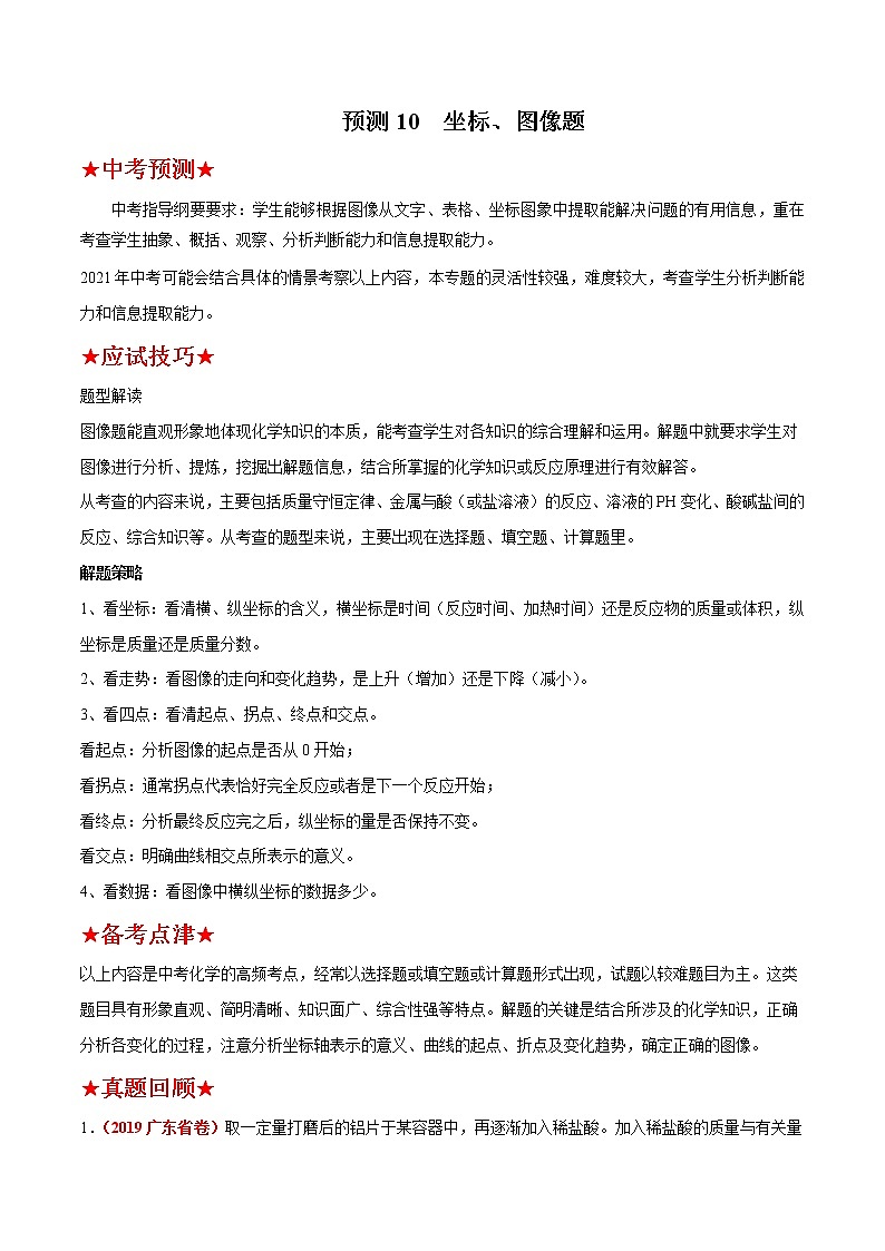 预测10  坐标、图像题-2021年中考化学三轮冲刺过关（原卷版）第1页