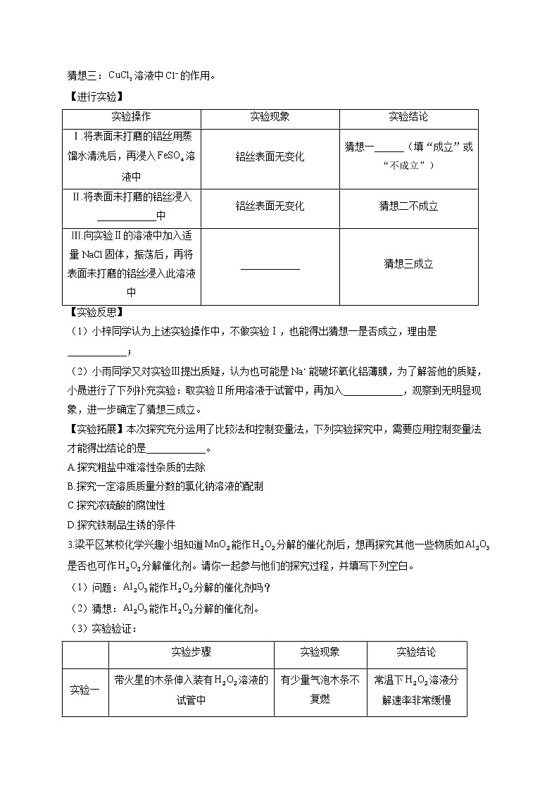 2021届中考化学实验探究通关练（一）物质性质的探究02