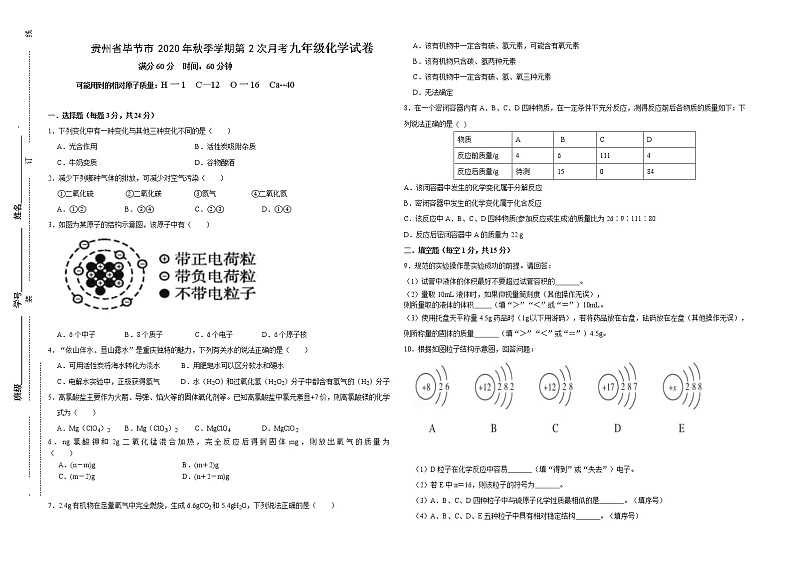 贵州省毕节市2020-2021学年第二学期第二次月考九年级化学试卷01