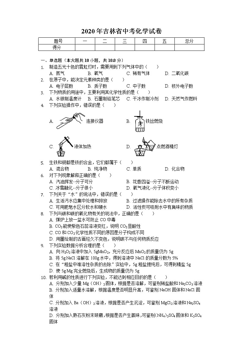 2020年吉林省中考化学试卷01
