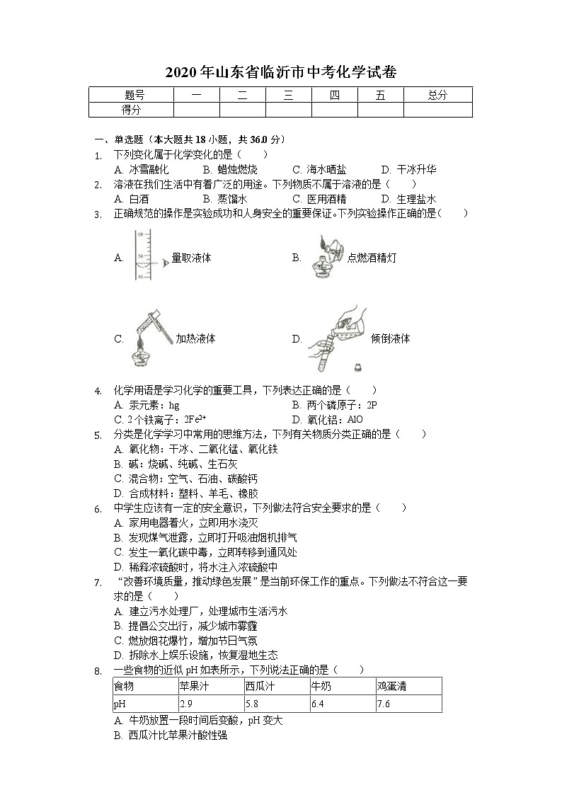 2020年山东省临沂市中考化学试卷01