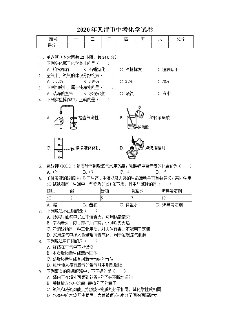 2020年天津市中考化学试卷第1页