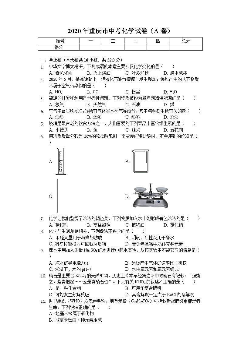 2020年重庆市中考化学试卷（A卷）01