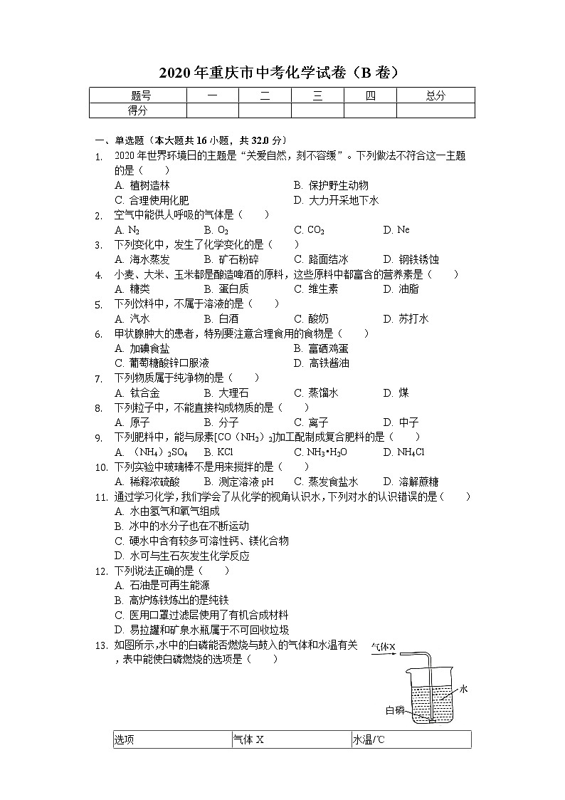 2020年重庆市中考化学试卷（B卷）01