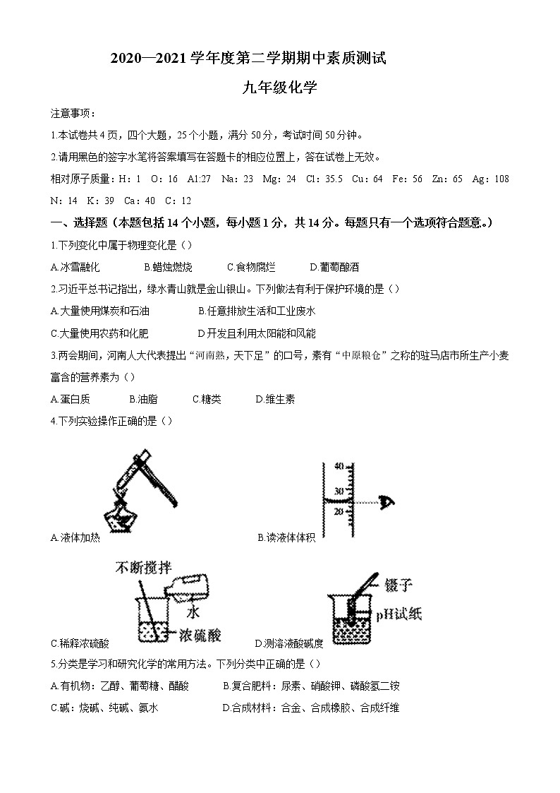 河南省驻马店市平舆县2020-2021学年九年级下学期期中化学试题01
