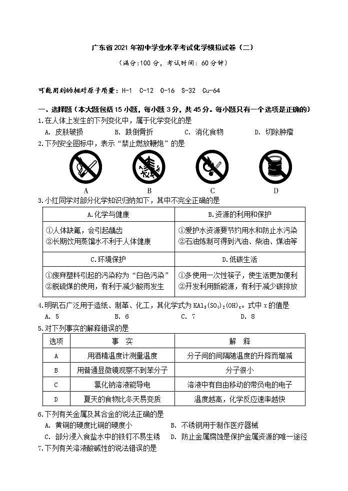 2021年广东省初中学业水平考试化学模拟试卷（二）（WORD版，含答案）01