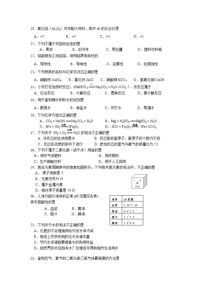 2021年北京市东城区九年级下学期统一测试化学试题和答案第2页