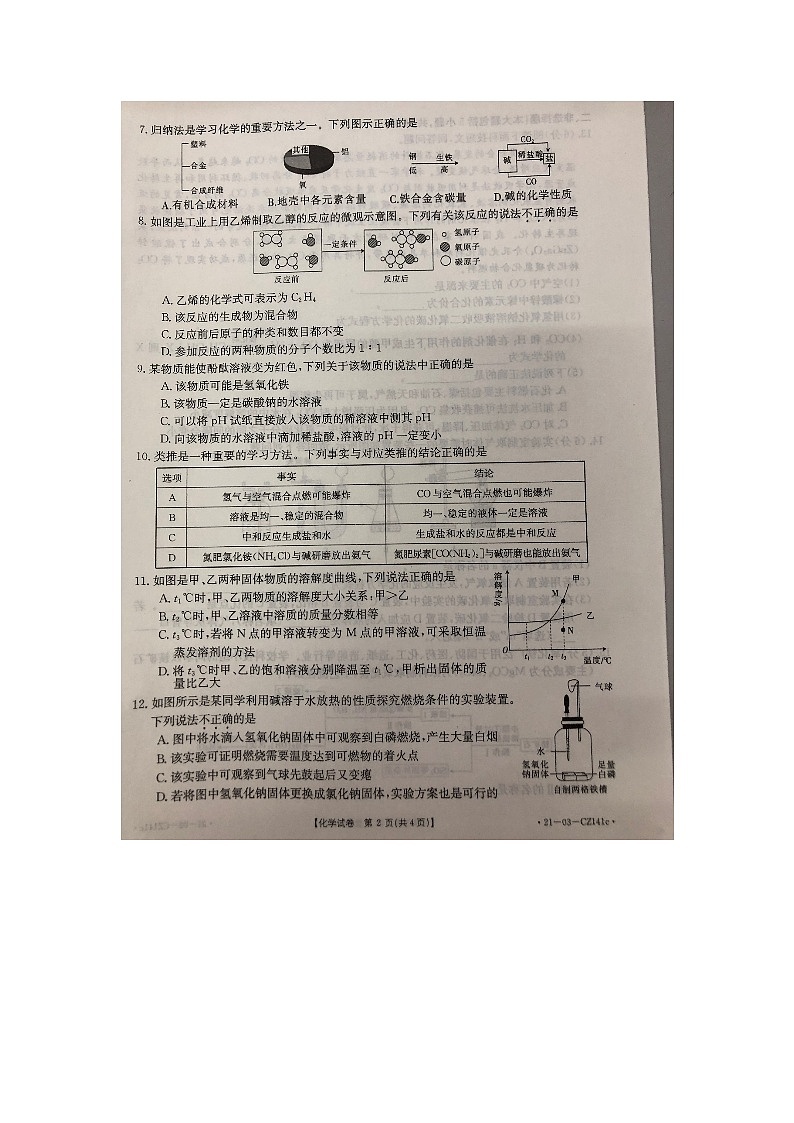2021年安徽省九年级中考模拟化学检测卷（图片版，有答案）02