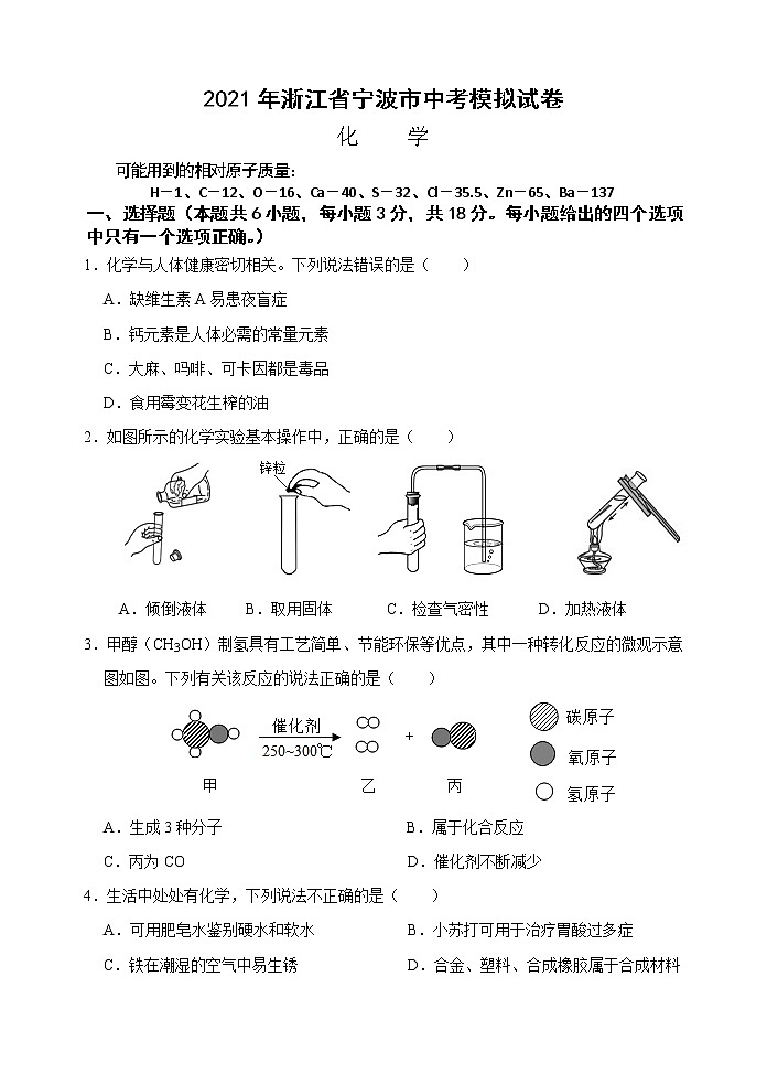 2021年浙江省宁波市中考模拟试卷化学试题01