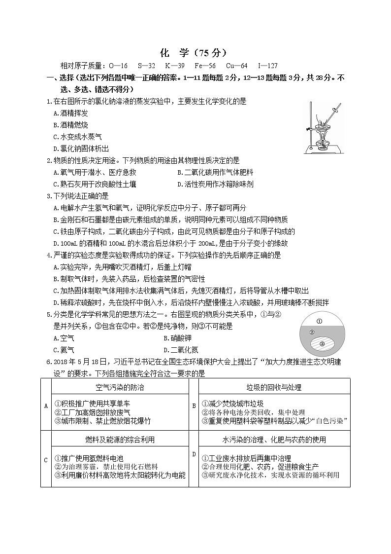 宁夏回族自治区2019年初中学业水平暨高中阶段招生考试化学试卷（无答案）01