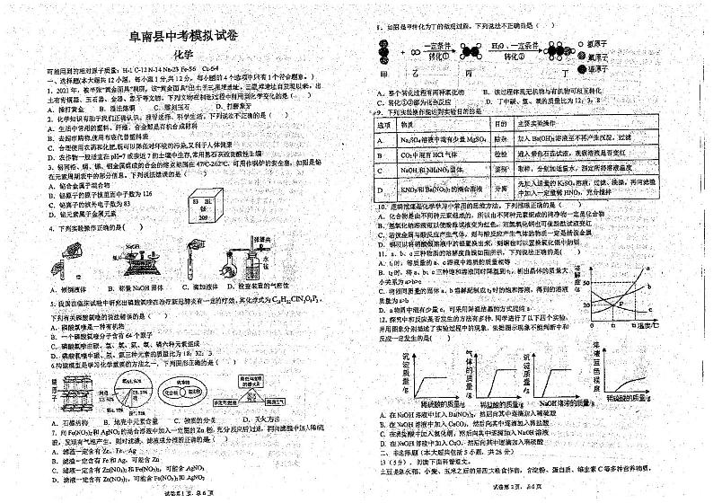 2021年安徽省阜阳市阜南县中考模拟化学试题（图片版）01