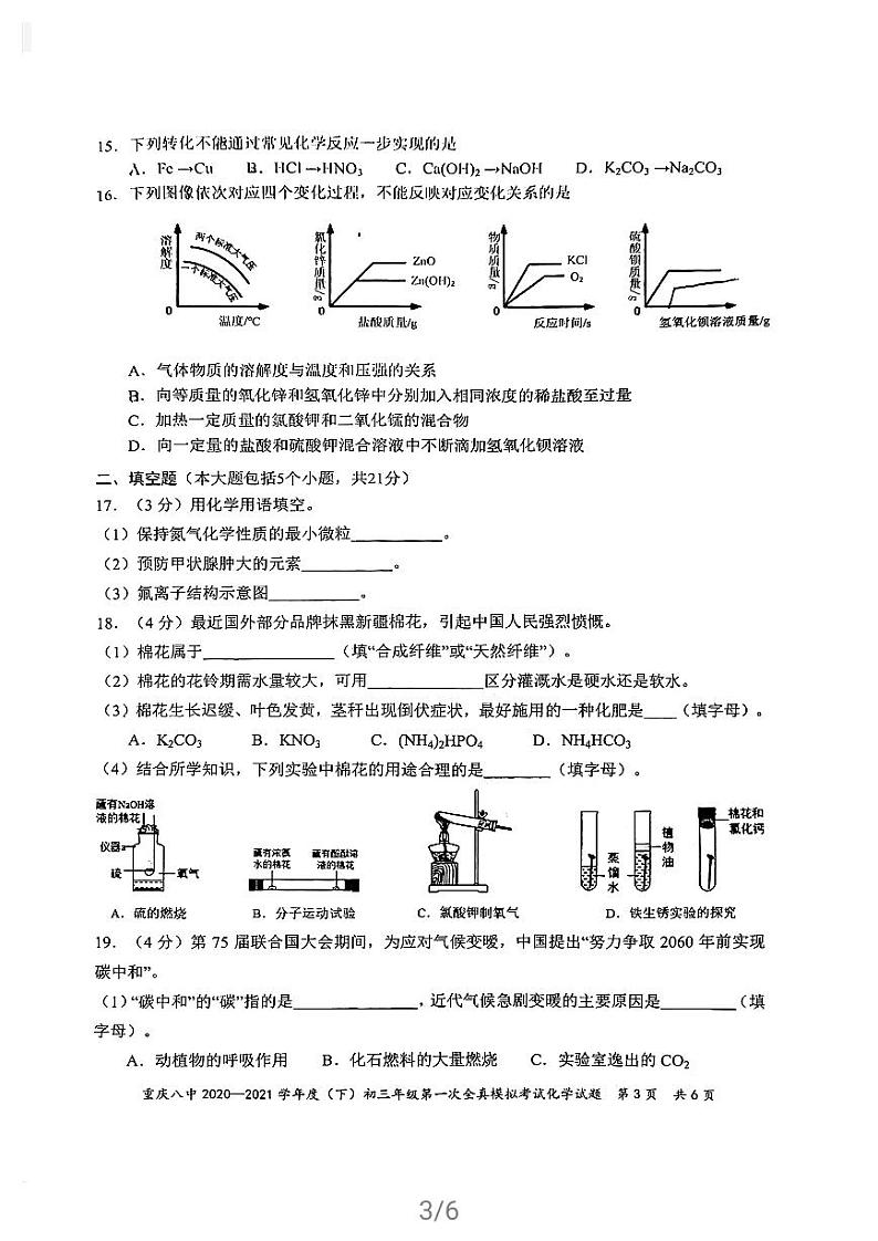 重庆八中2020-2021学年度（下）九年级化学第一次全真模拟考试（无答案）第3页