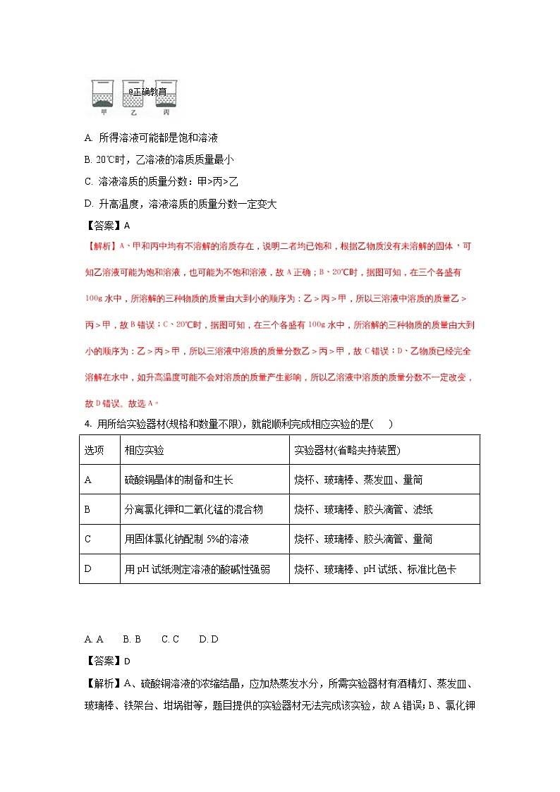 浙江金华、丽水2018年中考化学试题（word版含解析）02