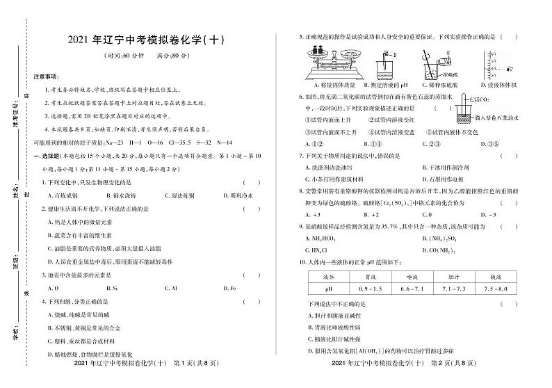 2021年辽宁中考模拟卷化学(十)-2021年辽宁省中考化学名校模拟卷01
