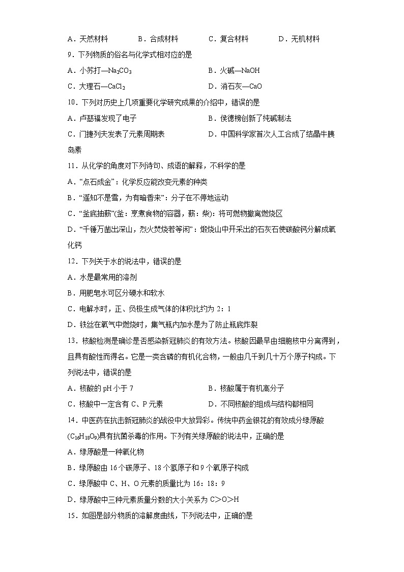2021年江苏省常州市溧阳市中考一模化学试题（word版含答案）02