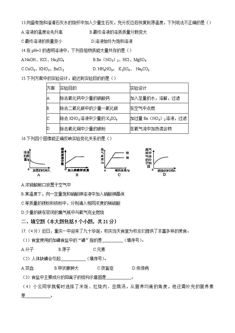 2021年重庆市沙坪坝区中考一模化学试题(无答案)03