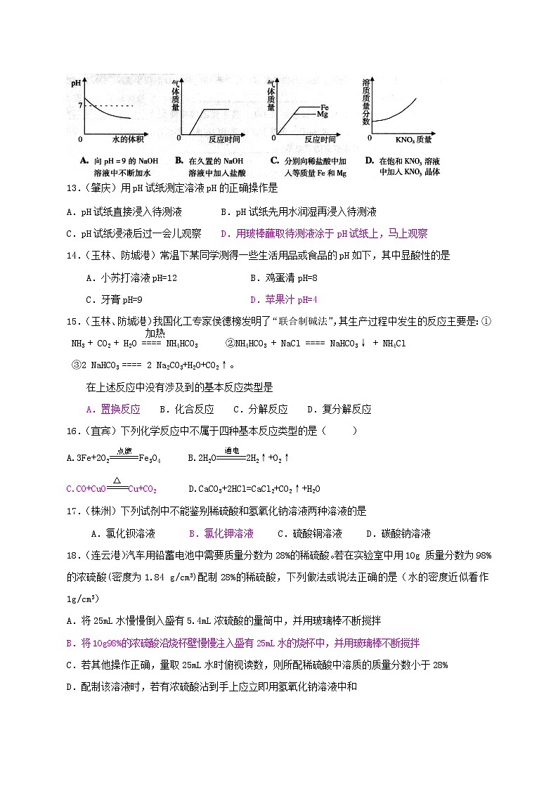 沪教版（上海）九年级化学第二学期5.1生活中的酸和碱同步练习（含答案）03