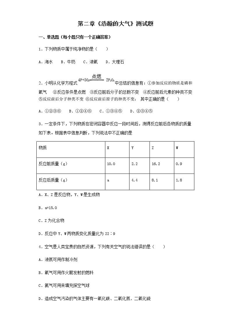 沪教版（上海）九年级化学第一学期 第二章《浩瀚的大气》检测题1（含答案）01