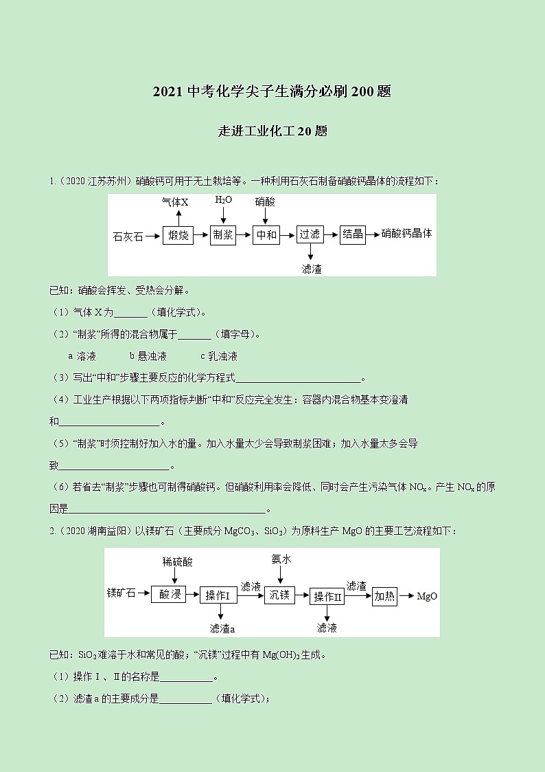 2021中考化学冲刺特训  特训05  走进工业化工20题 (尖子生专用)01