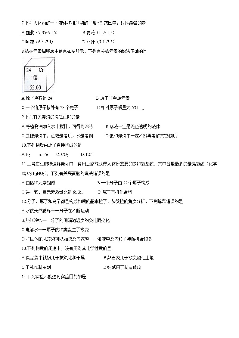 2021年山东省青岛市崂山区中考二模化学试题(无答案)02