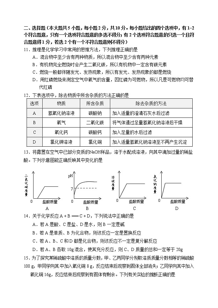 2021年天津市第三十二中学中考化学模拟试题03