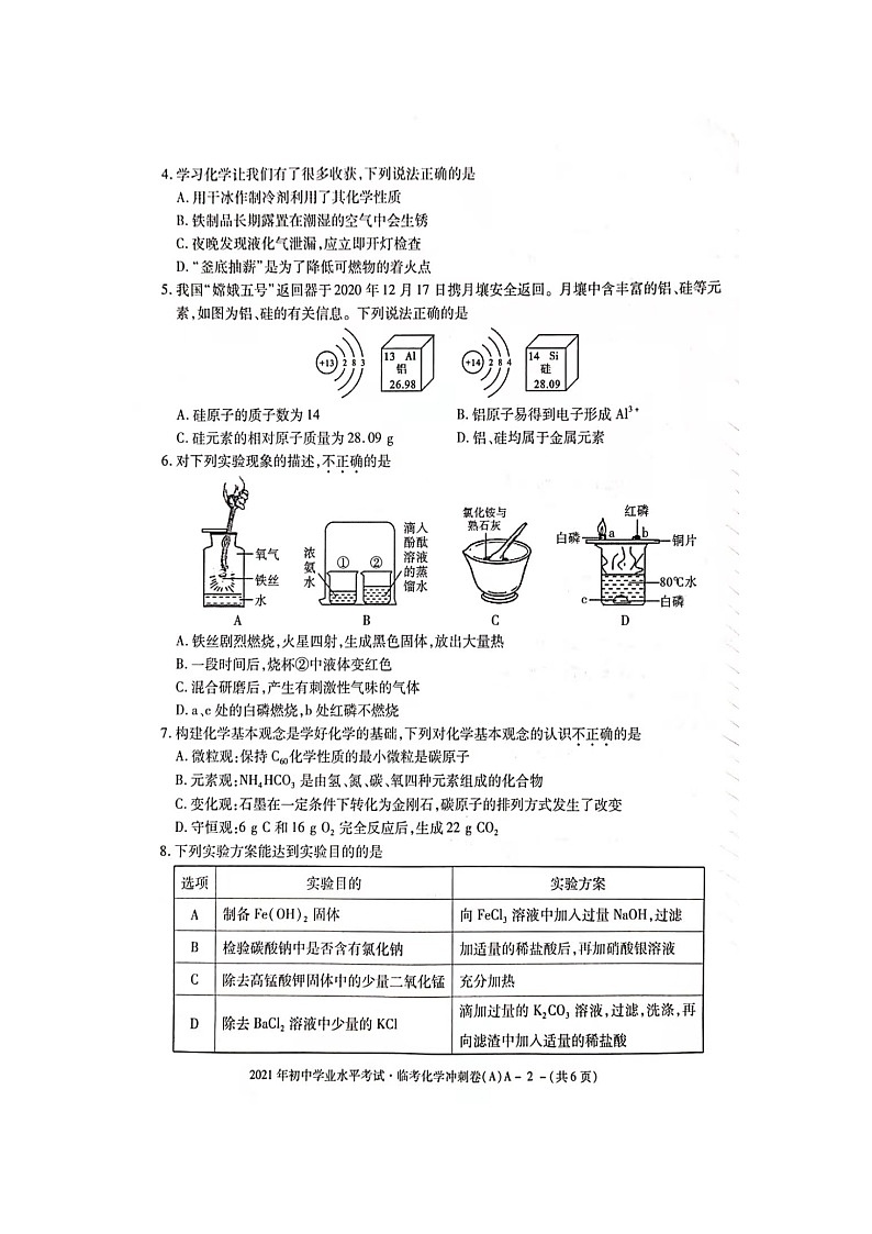 2021年陕西省初中学业水平考试临考冲刺化学试卷A02