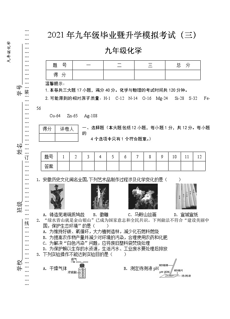 2021年安徽省芜湖市九年级毕业暨升学模拟考试（三）化学试题01
