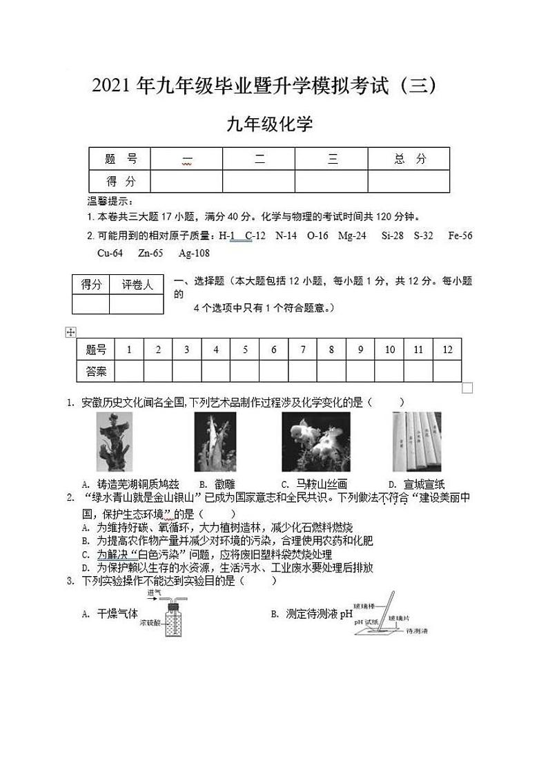 2021年安徽省九年级毕业暨升学模拟考试（三）化学模拟试题01
