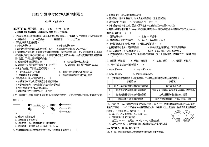 2021年宁夏中考化学模拟冲刺卷一01