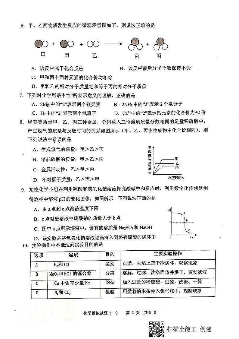 2021年江苏省淮安市淮安区初中毕业暨中等学校招生文化统一考试化学模拟试题02