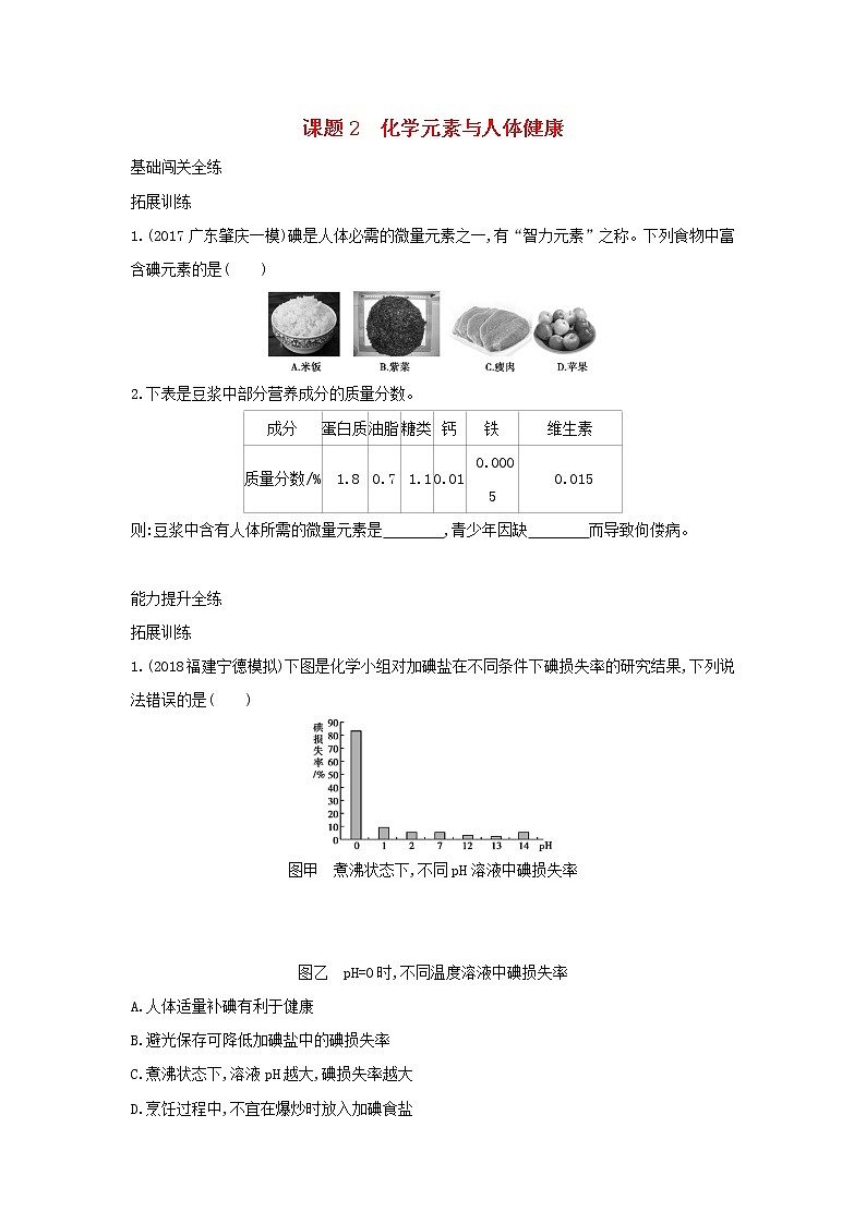 第五单元 化学与生活 课题2 化学元素与人体健康 同步习题01