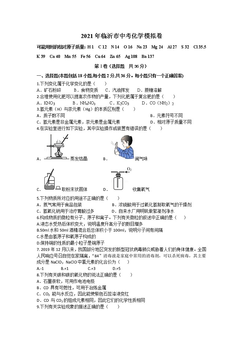 2021年山东省临沂市中考化学模拟试卷01