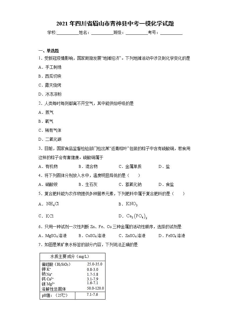 2021年四川省眉山市青神县中考一模化学试题（word版含答案）第1页
