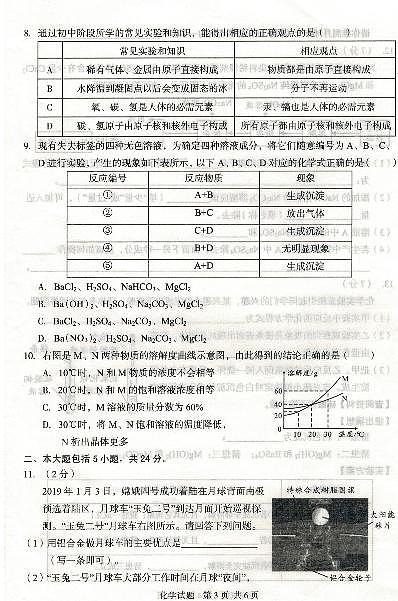 2019年安徽无为一中自主招生化学卷03