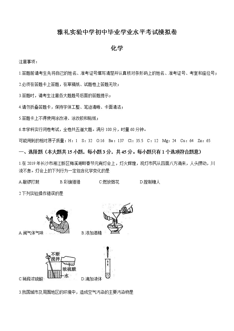 2021年湖南省长沙市雨花区雅礼实验中学中考模拟化学试题01